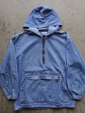 Vintage 90's Express Bleus Denim Quarter Zip Anorak Hooded Jacket mens M